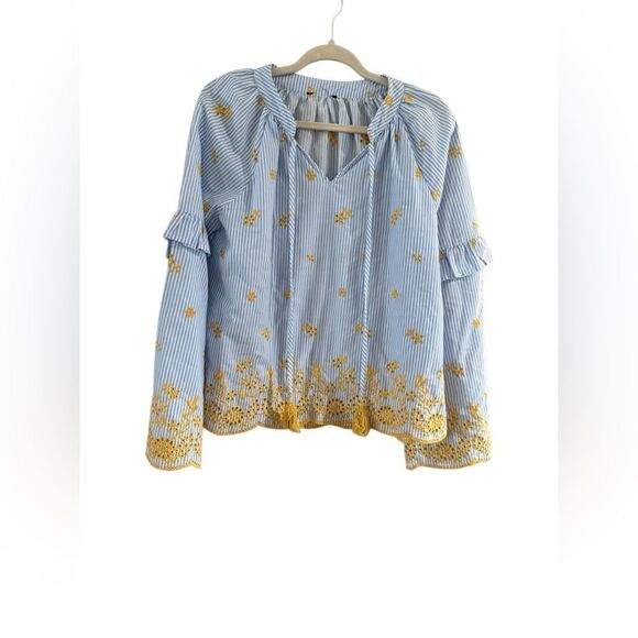 Very J boutique, blue and white striped blouse with yellow tassels size medium - Picture 8 of 9